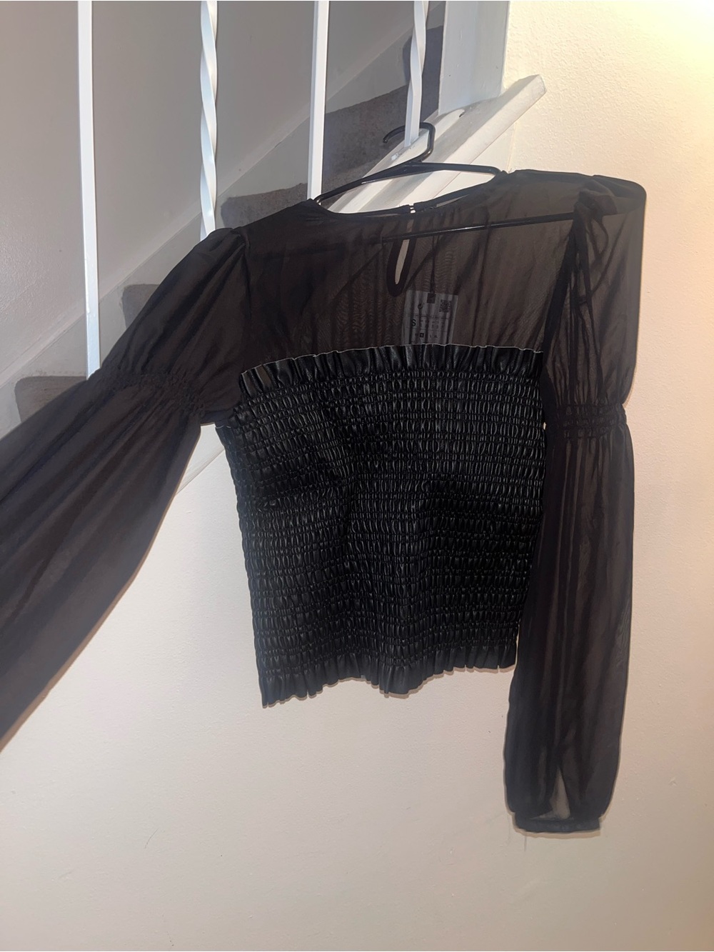 Zara Black Smocked Sheer Long-Sleeve Blouse
